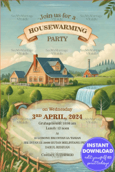 Charming Countryside Housewarming Party Invitation with Lush Greenery Theme and Wooden House Background