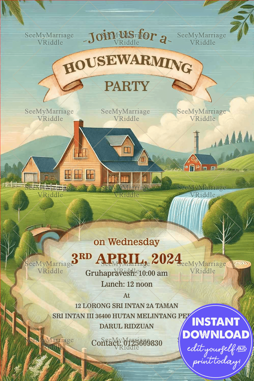 Charming Countryside Housewarming Party Invitation with Lush Greenery Theme and Wooden House Background