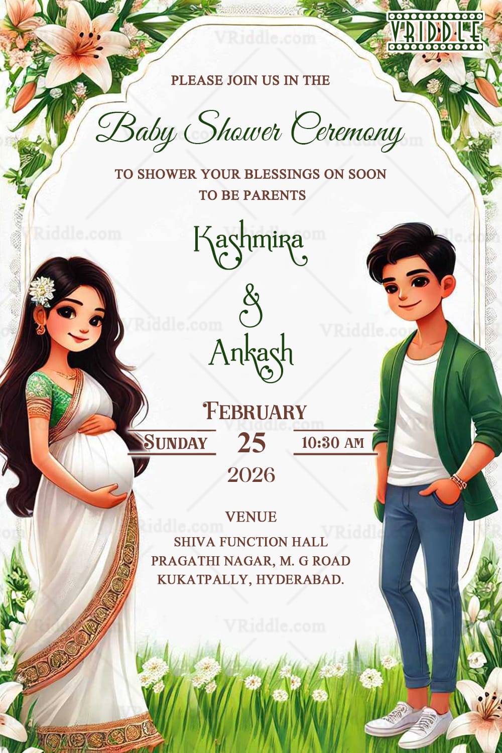 Charming Floral Baby Shower Invitation with Cartoon Couple Characters and White Theme Background