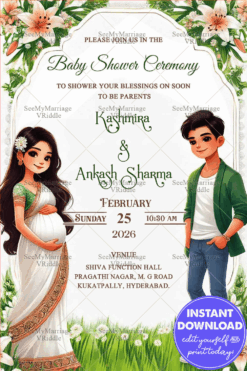Charming Floral Baby Shower Invitation with Cartoon Couple Characters and White Theme Background