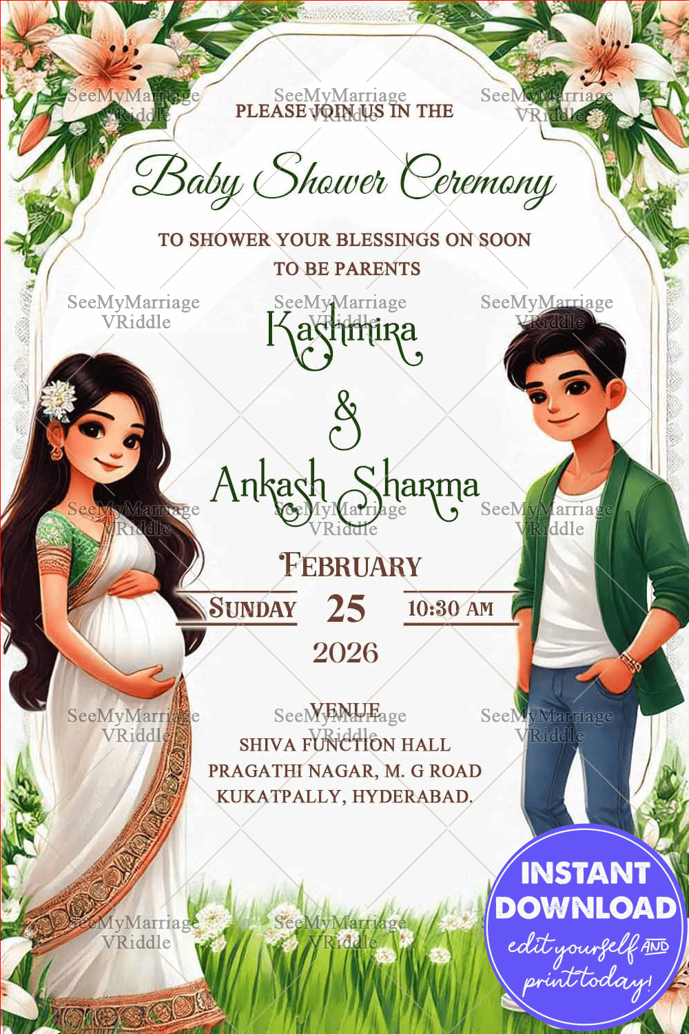 Charming Floral Baby Shower Invitation with Cartoon Couple Characters and White Theme Background