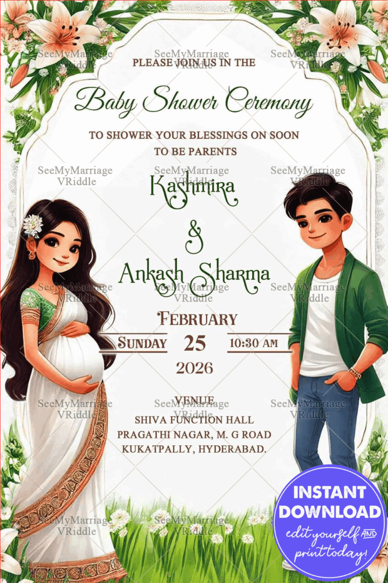 Charming Floral Baby Shower Invitation with Cartoon Couple Characters and White Theme Background