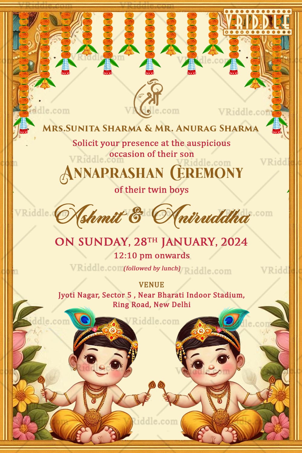 Charming Twin Boys Annaprashan Ceremony Invitation with Little Krishna Themed Background