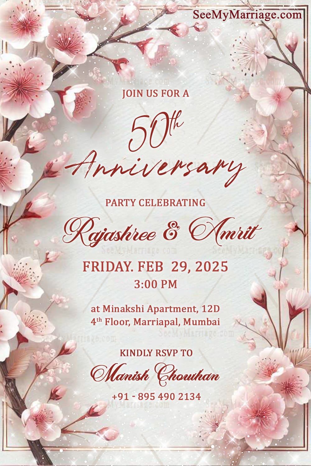 Cherry Blossom 50th Wedding Anniversary Invitation Card with Pink Beige Theme Background
