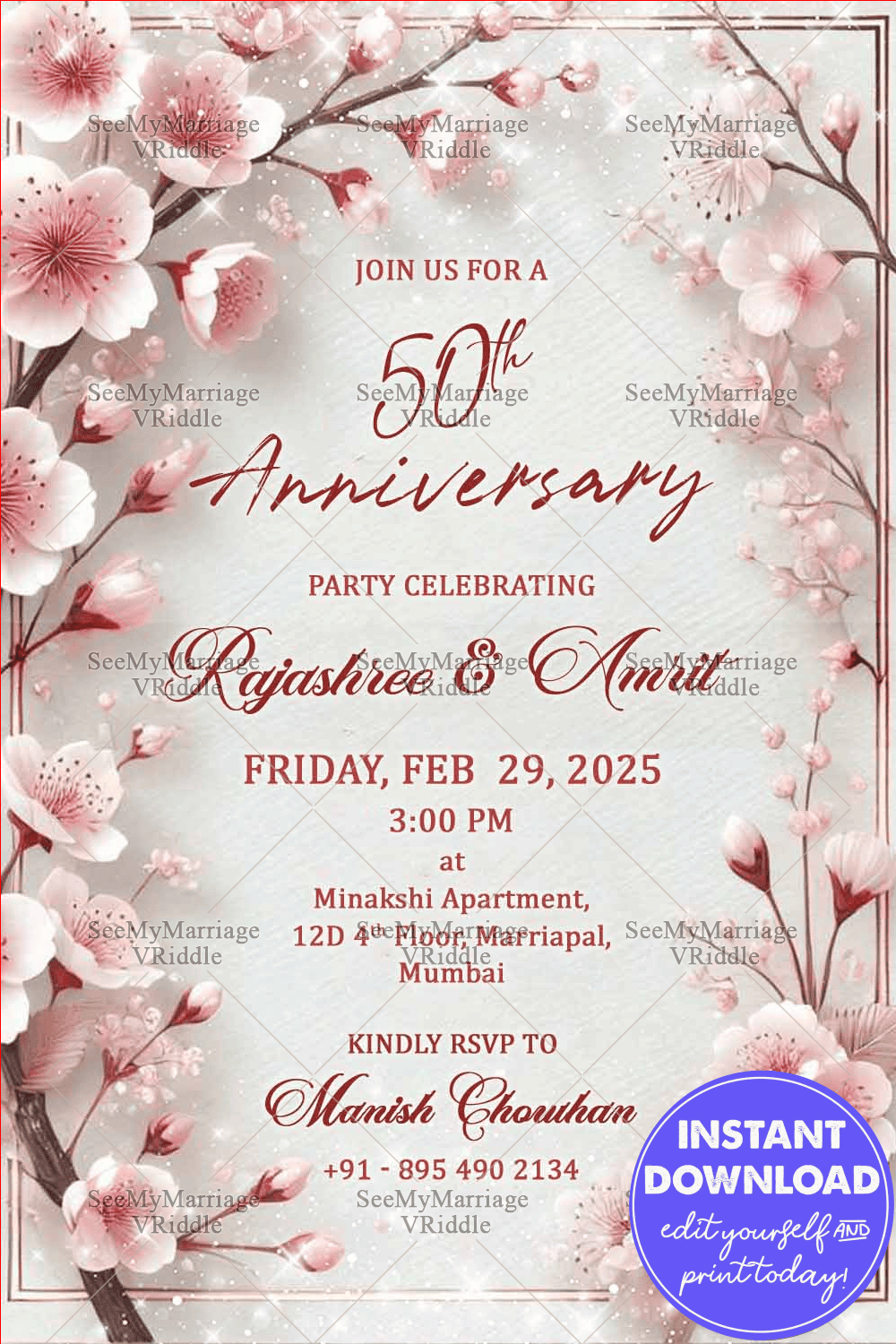 Cherry Blossom 50th Wedding Anniversary Invitation Card with Pink Beige Theme Background
