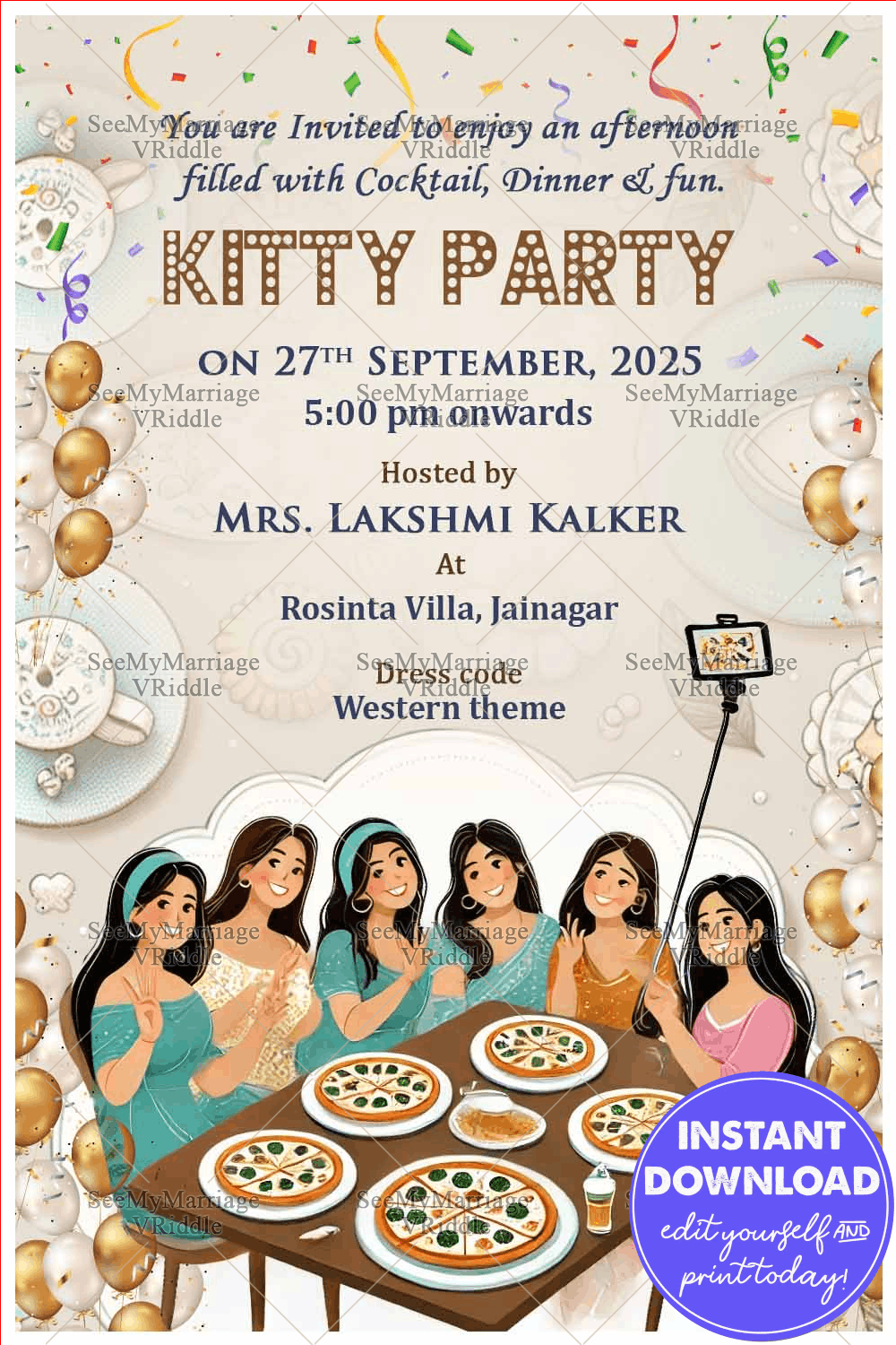 Chic and Fun Kitty Party Invitation with Selfie Theme and Pastel Color Background