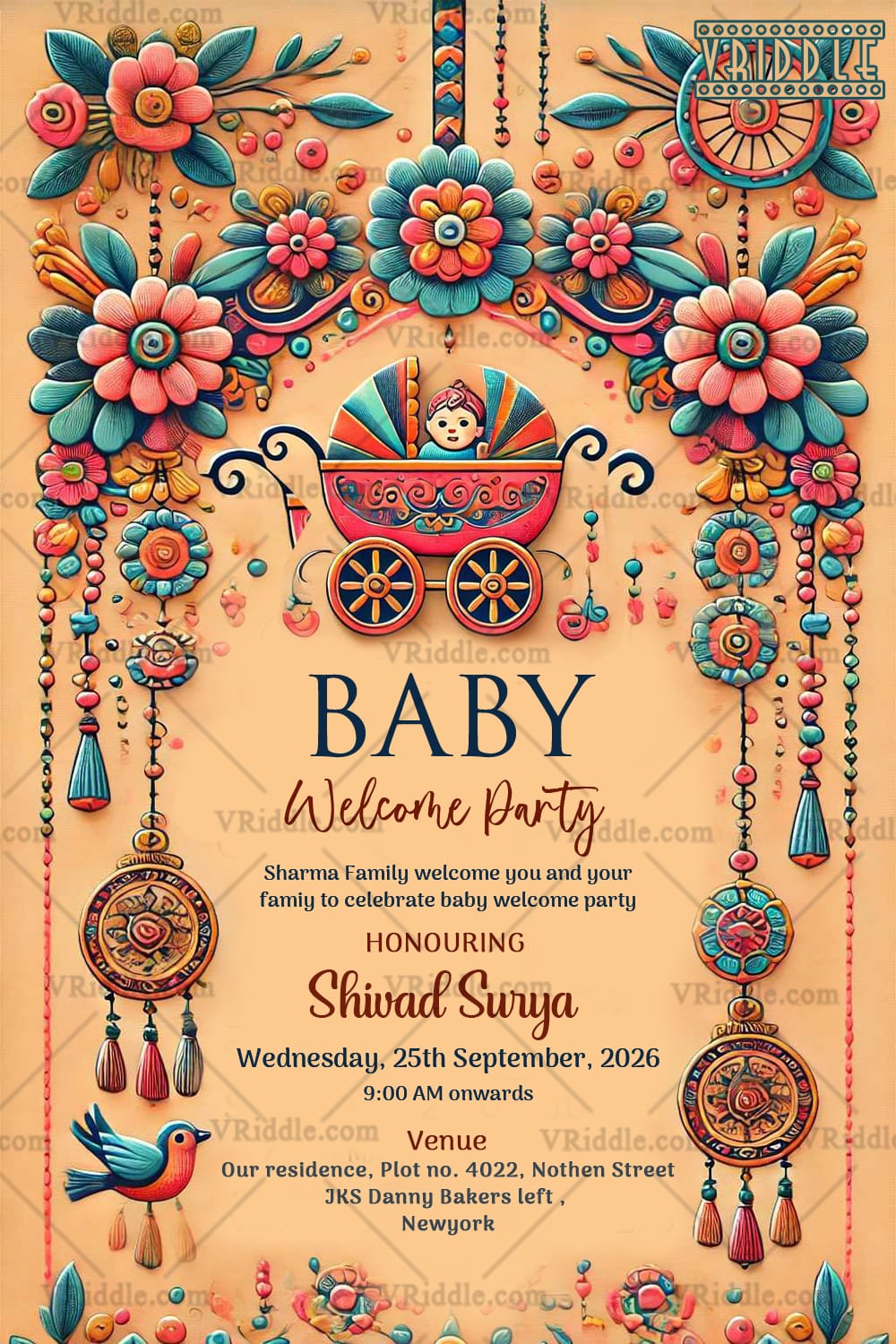 Colorful Baby Welcome Party Invitation with Floral Theme and Hanging Decor Background