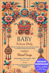 Colorful Baby Welcome Party Invitation with Floral Theme and Hanging Decor Background