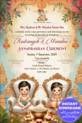 Colorful Cartoon Twins Annaprashan Ceremony Invitation with Golden Theme and Floral Background