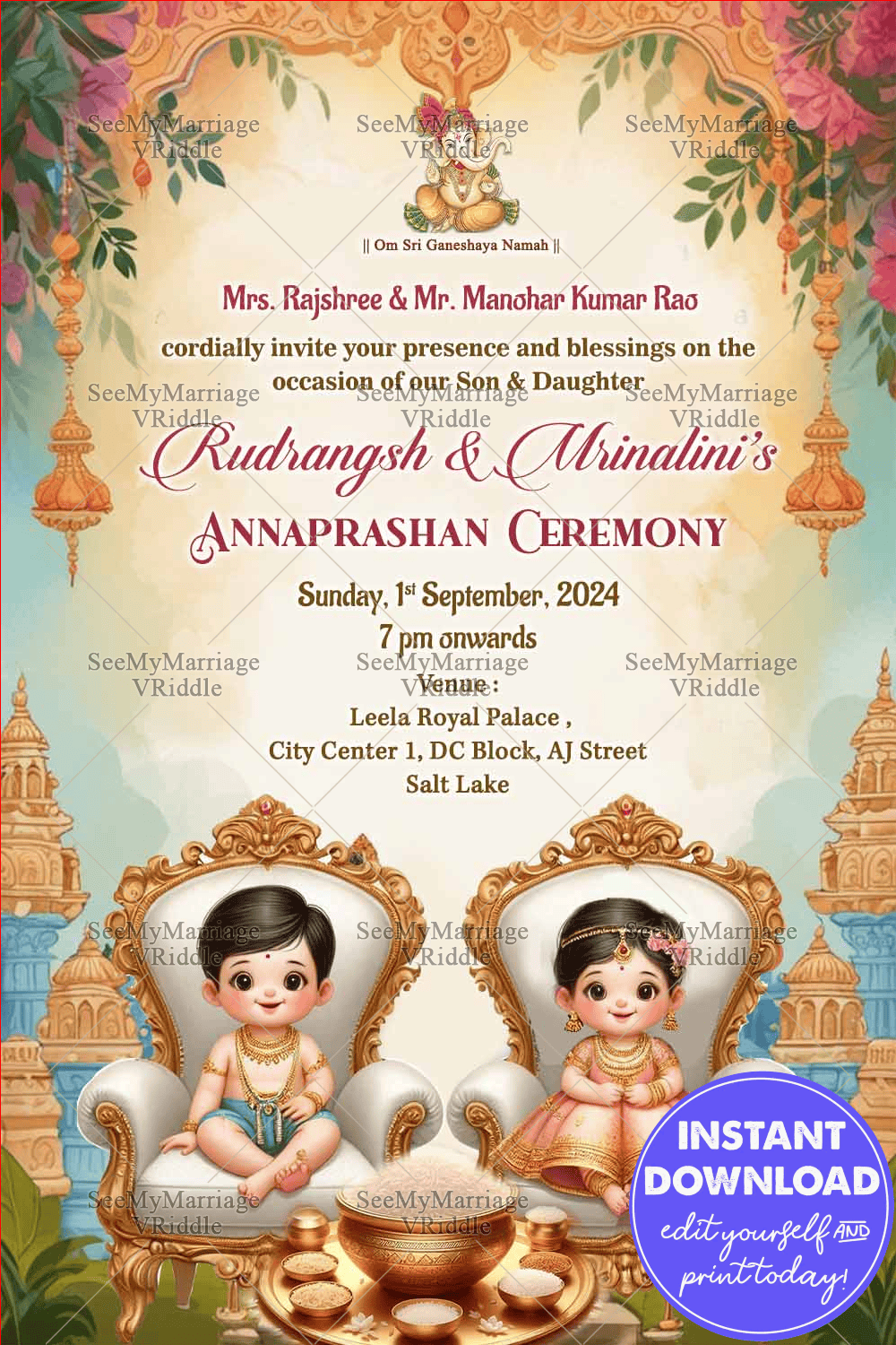 Colorful Cartoon Twins Annaprashan Ceremony Invitation with Golden Theme and Floral Background