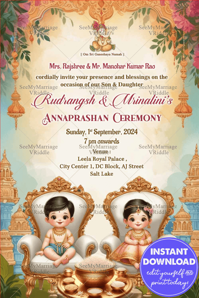 Colorful Cartoon Twins Annaprashan Ceremony Invitation with Golden ...