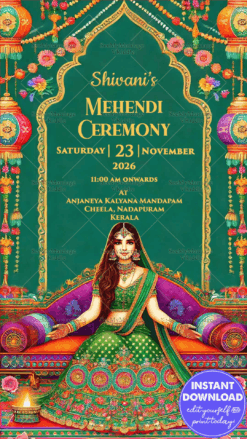 Colorful Mehendi Ceremony Invitation with Green Color Theme and Floral Patterns Background