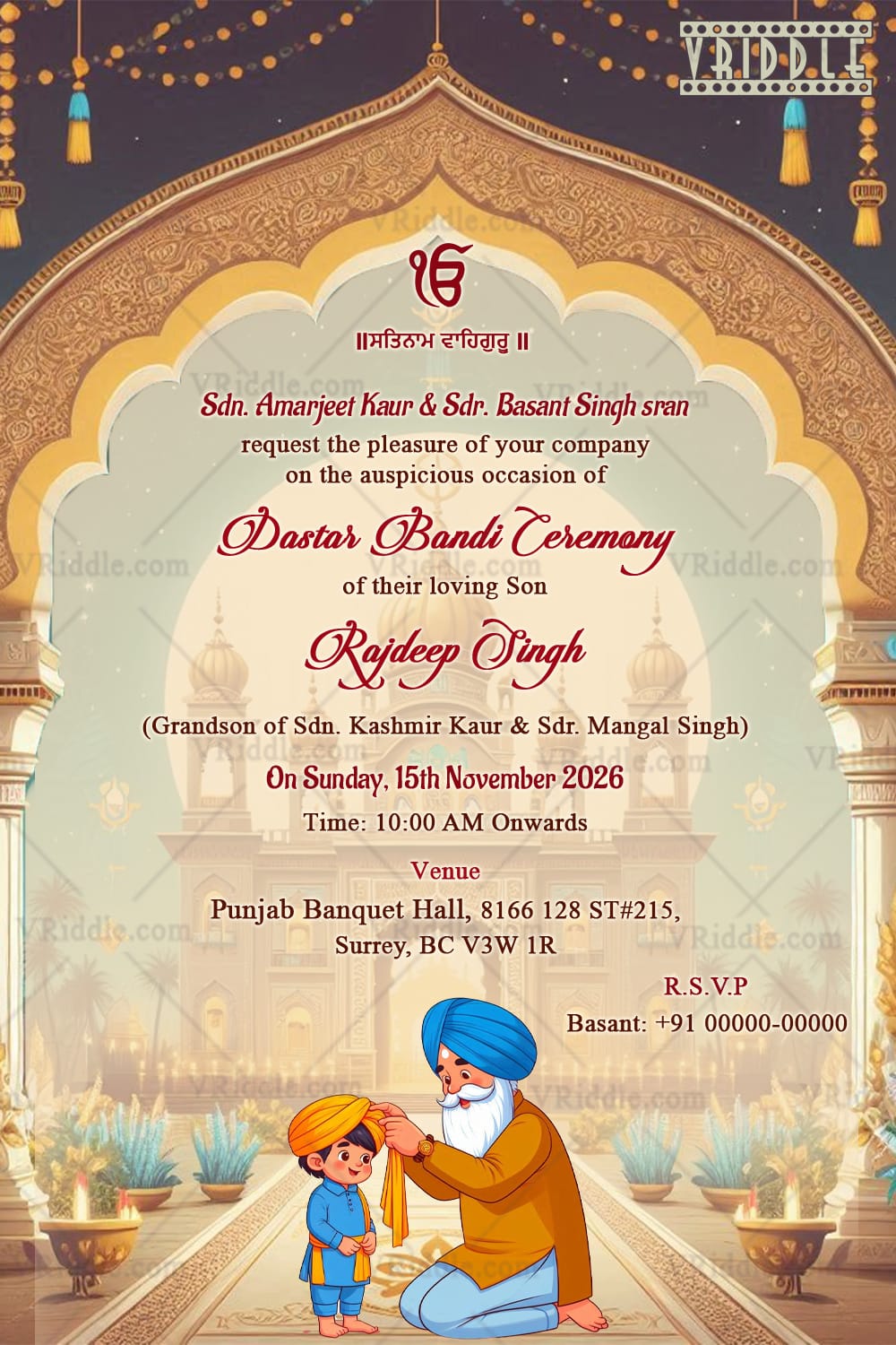 Cultural Dastar Bandi Ceremony Invitation with Golden Arch Theme Background