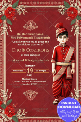 Cultural Dhoti Ceremony Invitation with Red Theme and Gold Patterns Background