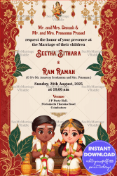 Cultural Tamil Wedding Invitation with Golden Motifs Theme and Cute Cartoon Couple Background