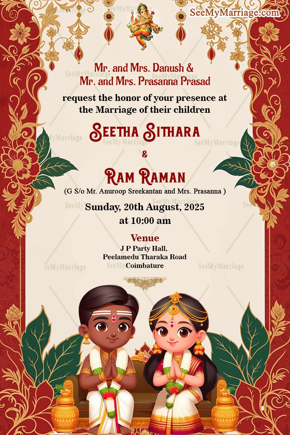 Cultural Tamil Wedding Invitation with Golden Motifs Theme and Cute Cartoon Couple Background