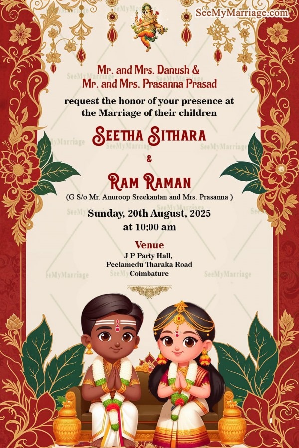 Cultural Tamil Wedding Invitation with Golden Motifs Theme and Cute ...