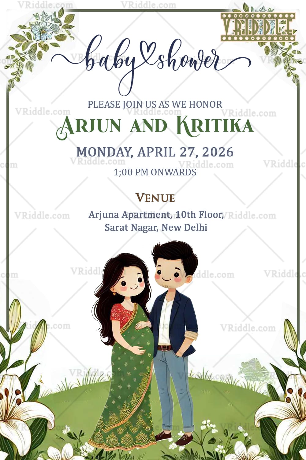 Cute Cartoon Couple Baby Shower Invitation Card with Floral Design and Green Accents Background