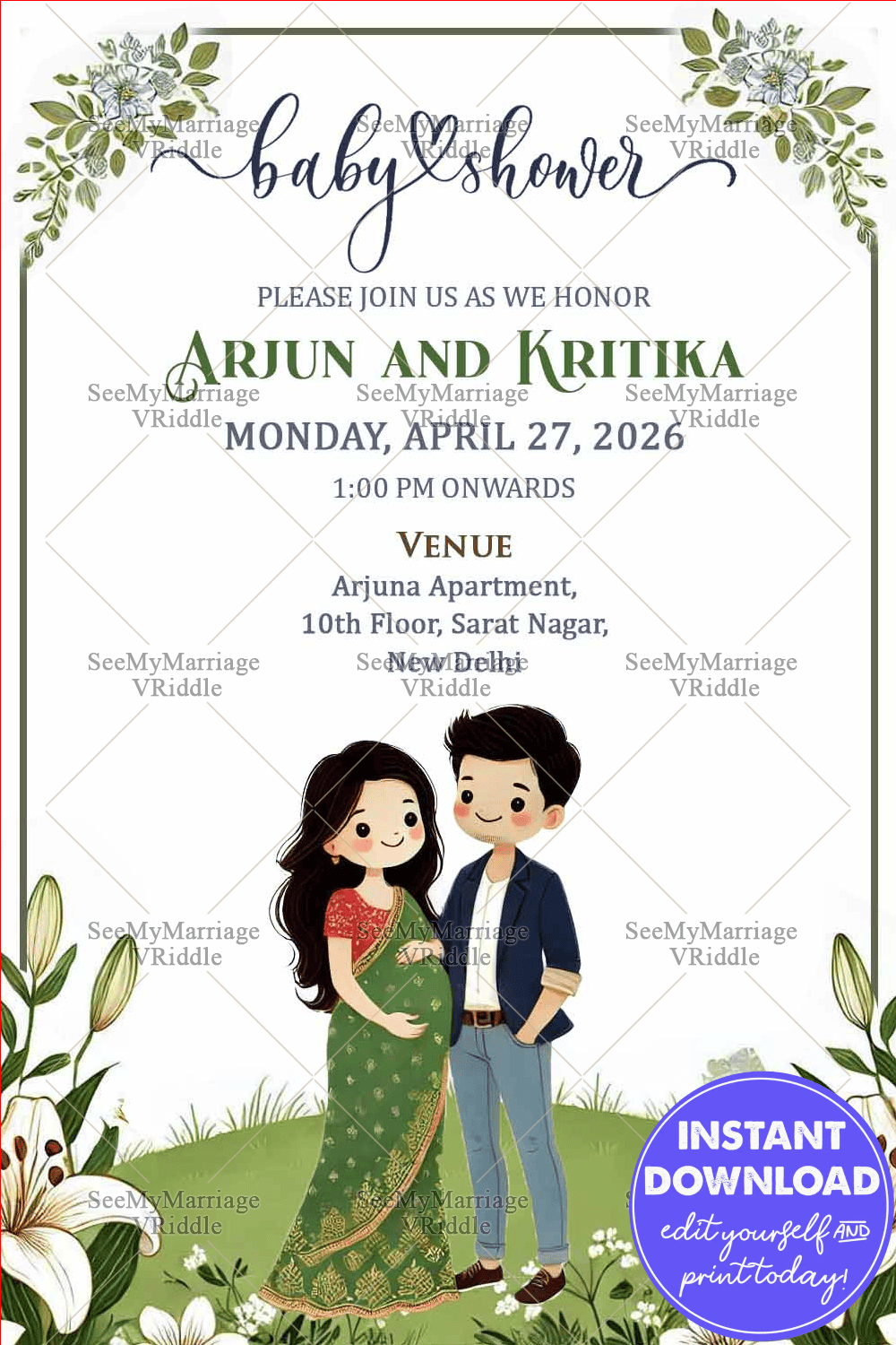 Cute Cartoon Couple Baby Shower Invitation Card with Floral Design and Green Accents Background