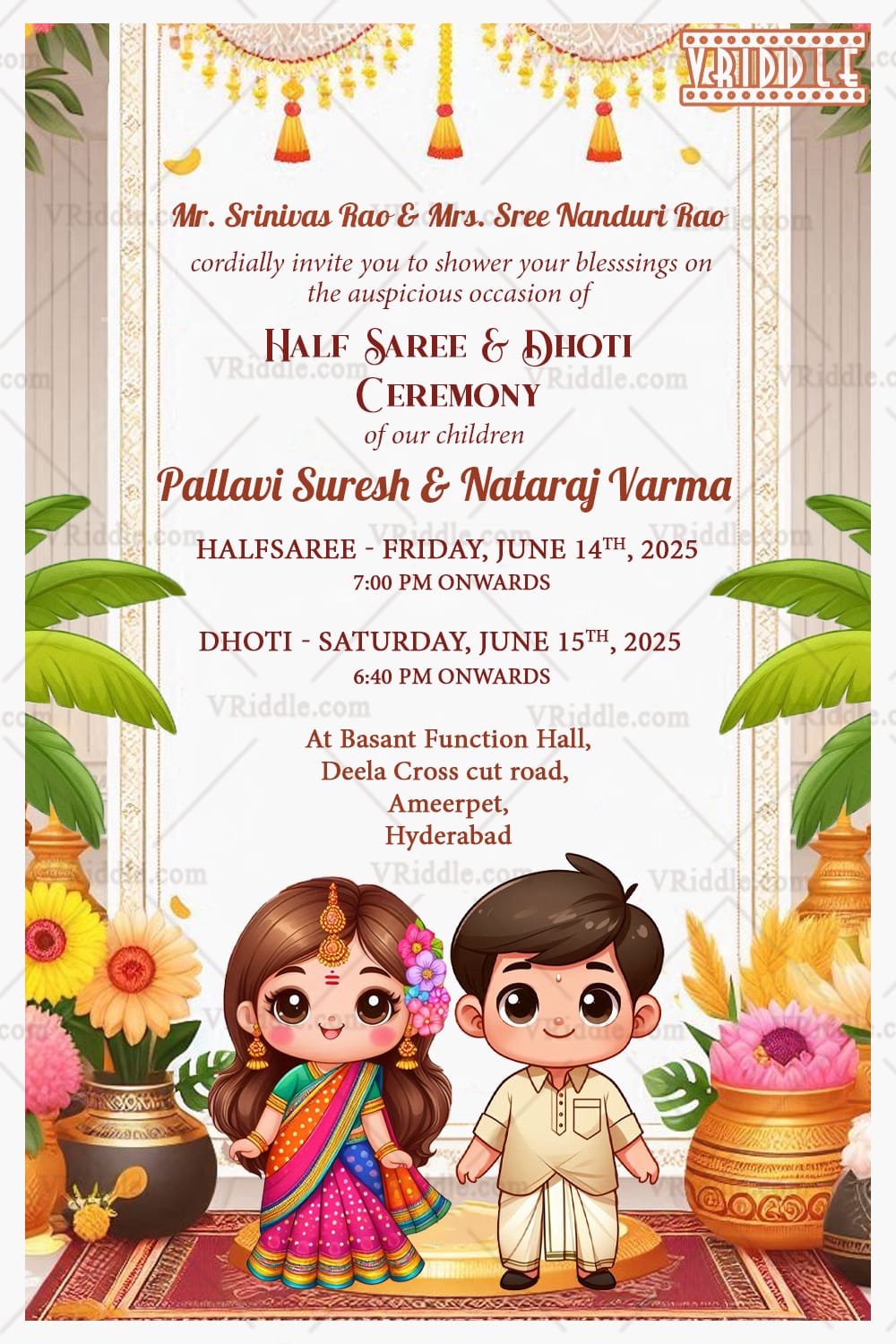 Cute Cartoon Theme Half Saree and Dhoti Ceremony Invitation Card with Floral Motifs Background
