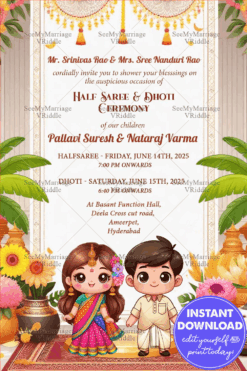 Cute Cartoon Theme Half Saree and Dhoti Ceremony Invitation Card with Floral Motifs Background
