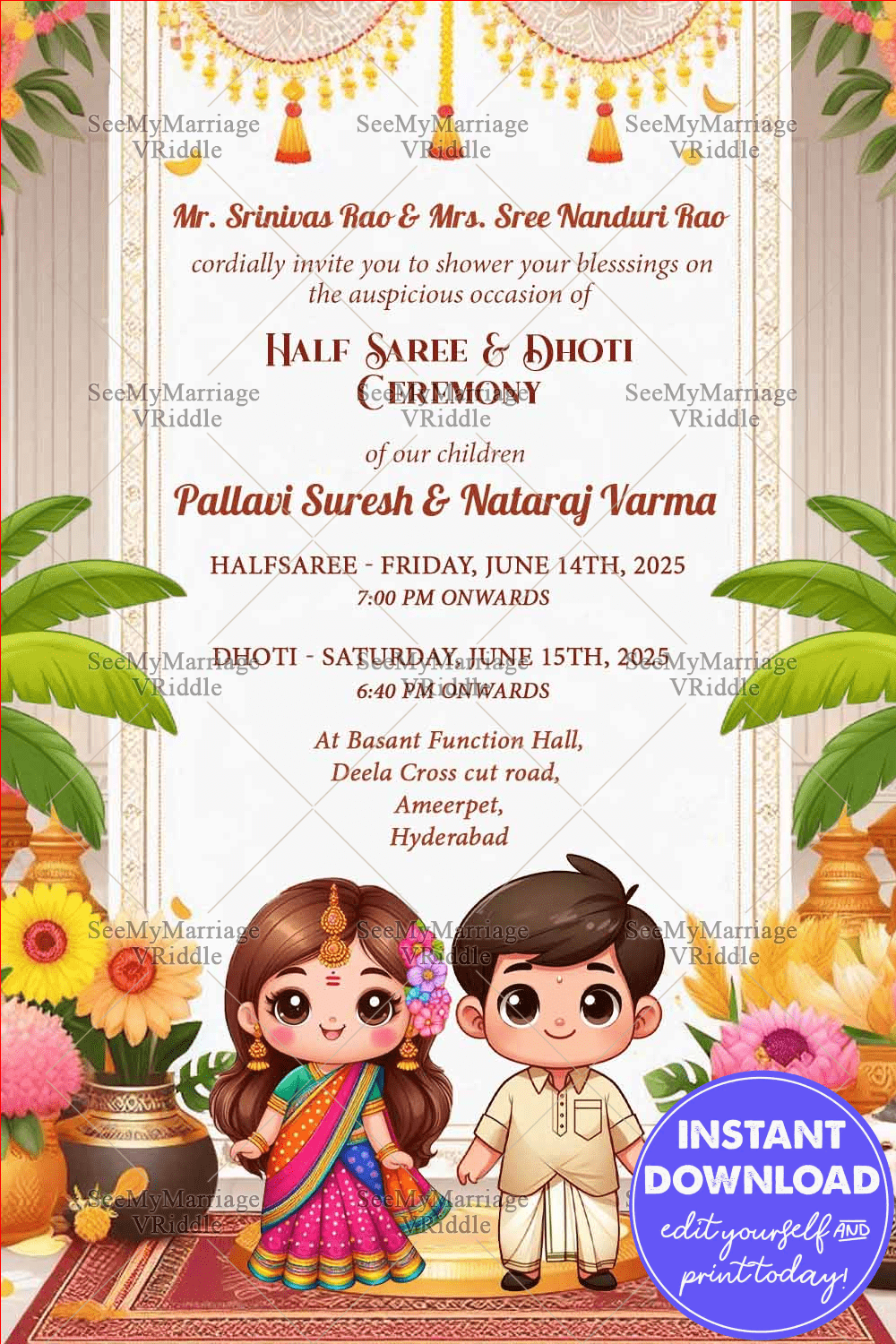 Cute Cartoon Theme Half Saree and Dhoti Ceremony Invitation Card with Floral Motifs Background
