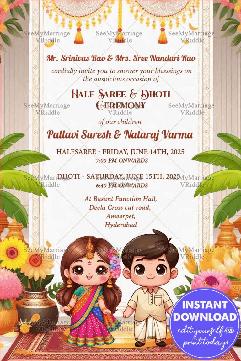 Cute Cartoon Theme Half Saree and Dhoti Ceremony Invitation Card with Floral Motifs Background