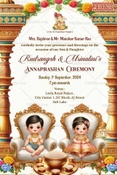 Cute Little Twins Theme Annaprashan Ceremony Invitation with Ornate Golden Pillars Background
