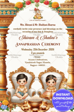 Cute Little Twins Theme Annaprashan Ceremony Invitation with Ornate Golden Pillars Background