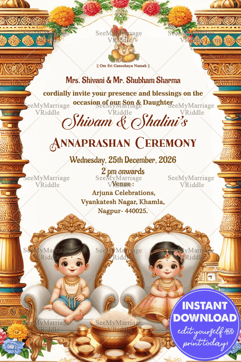 Cute Little Twins Theme Annaprashan Ceremony Invitation with Ornate Golden Pillars Background