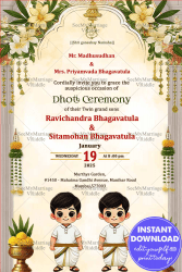 Cute Twin Boys Traditional Dhoti Ceremony Invitation with Floral Theme Background