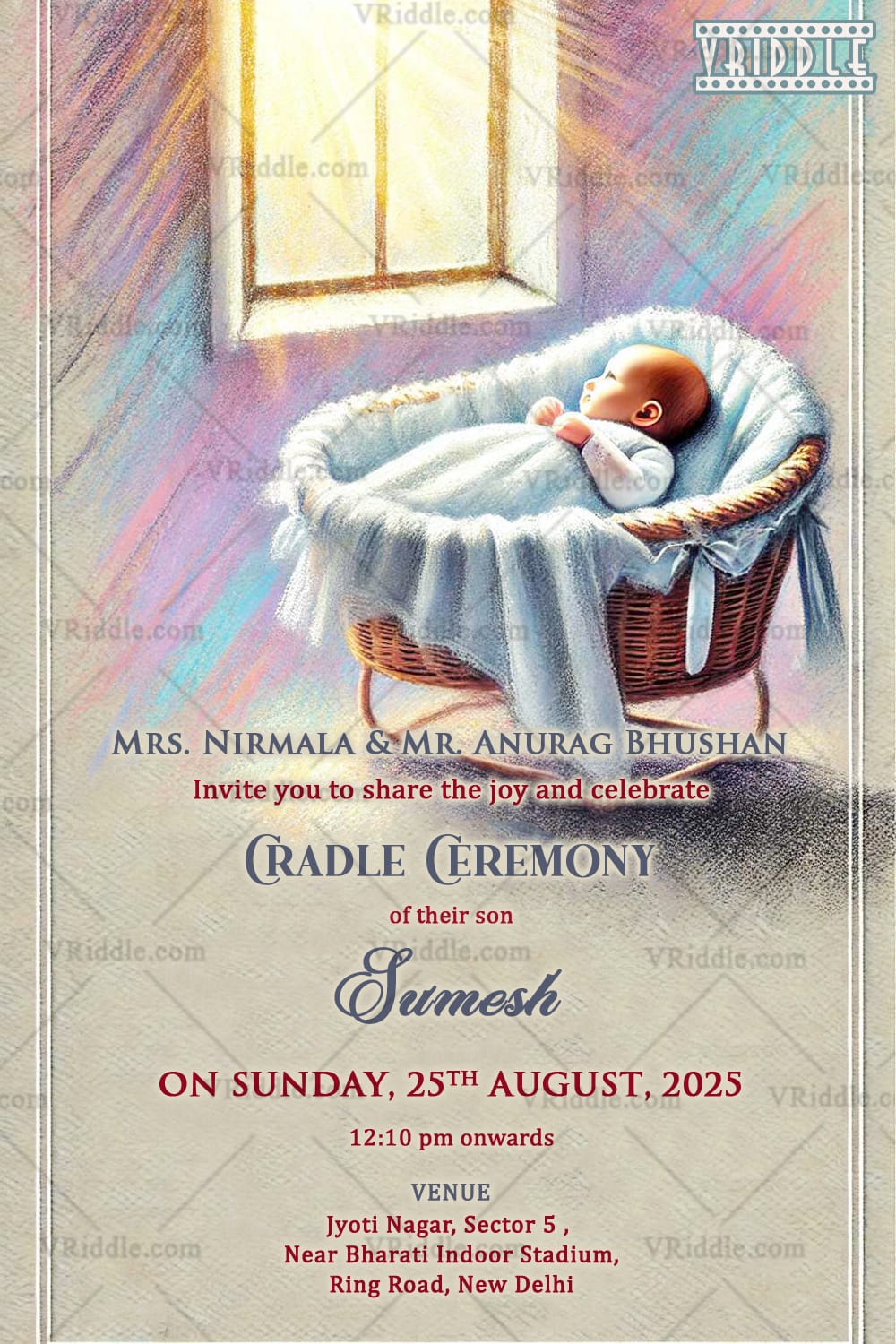 Dreamy Baby Watercolor Cradle Invitation card with Sunlit Theme Background