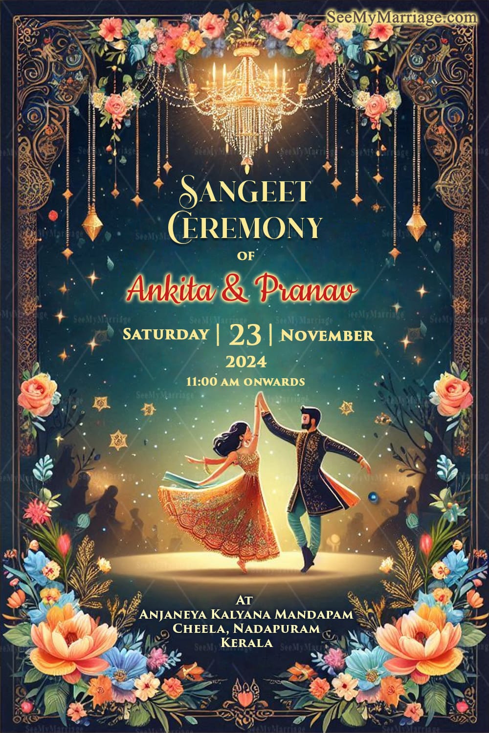 Enchanting Sangeet Ceremony Invitation with Starry Night Theme and Floral Background