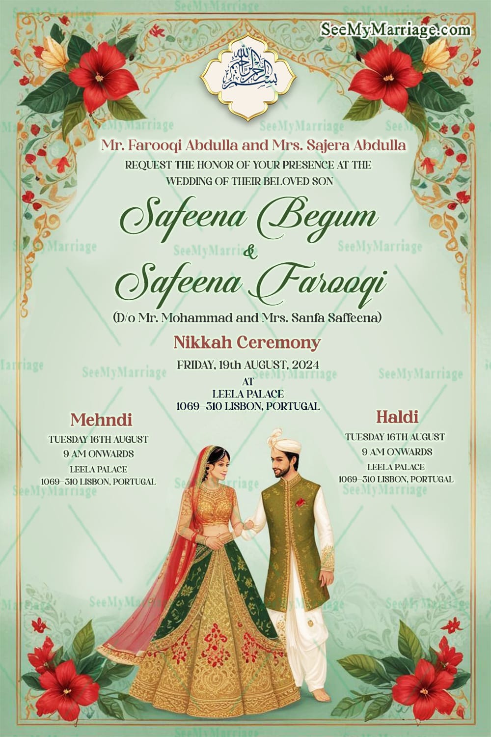 Floral Bliss Nikkah Ceremony Wedding Invitation Card with Light Green Theme Background
