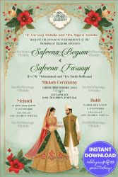 Floral Bliss Nikkah Ceremony Wedding Invitation Card with Light Green Theme Background