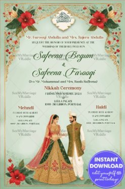 Floral Bliss Nikkah Ceremony Wedding Invitation Card with Light Green Theme Background