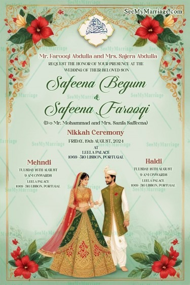 Floral Bliss Nikkah Ceremony Wedding Invitation Card with Light Green ...