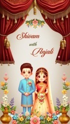 Floral Fantasy Wedding Invitation Video with Cute Cartoon Couple Theme and Red Curtain Background