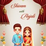 Floral Fantasy Wedding Invitation Video with Cute Cartoon Couple Theme and Red Curtain Background