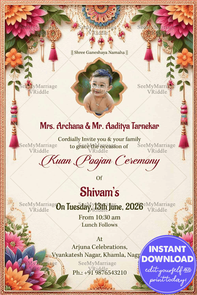 Floral Patterns Theme Kuan Poojan Ceremony Invitation with Cream Color and Add Photo Background