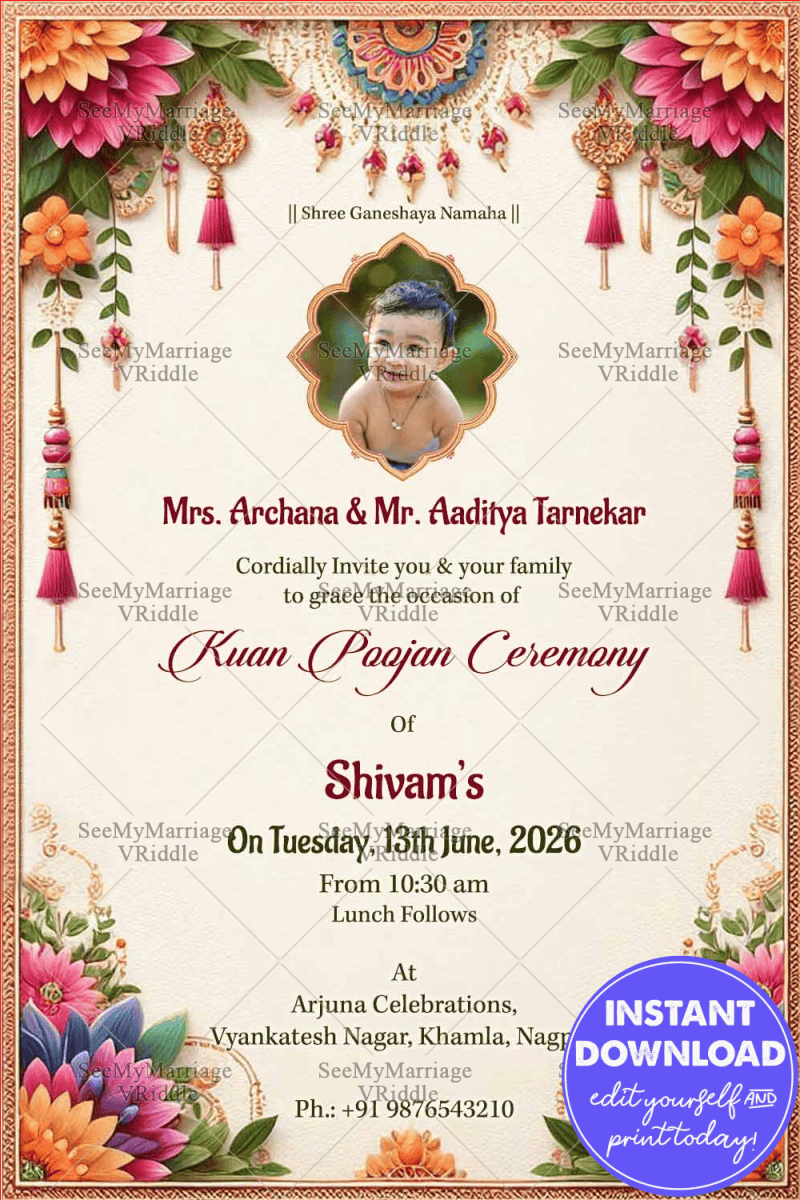 Floral Patterns Theme Kuan Poojan Ceremony Invitation with Cream Color ...