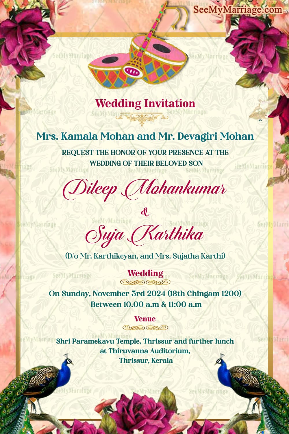 Floral Peacock Wedding Invitation Card with Cream and Pink Theme Background