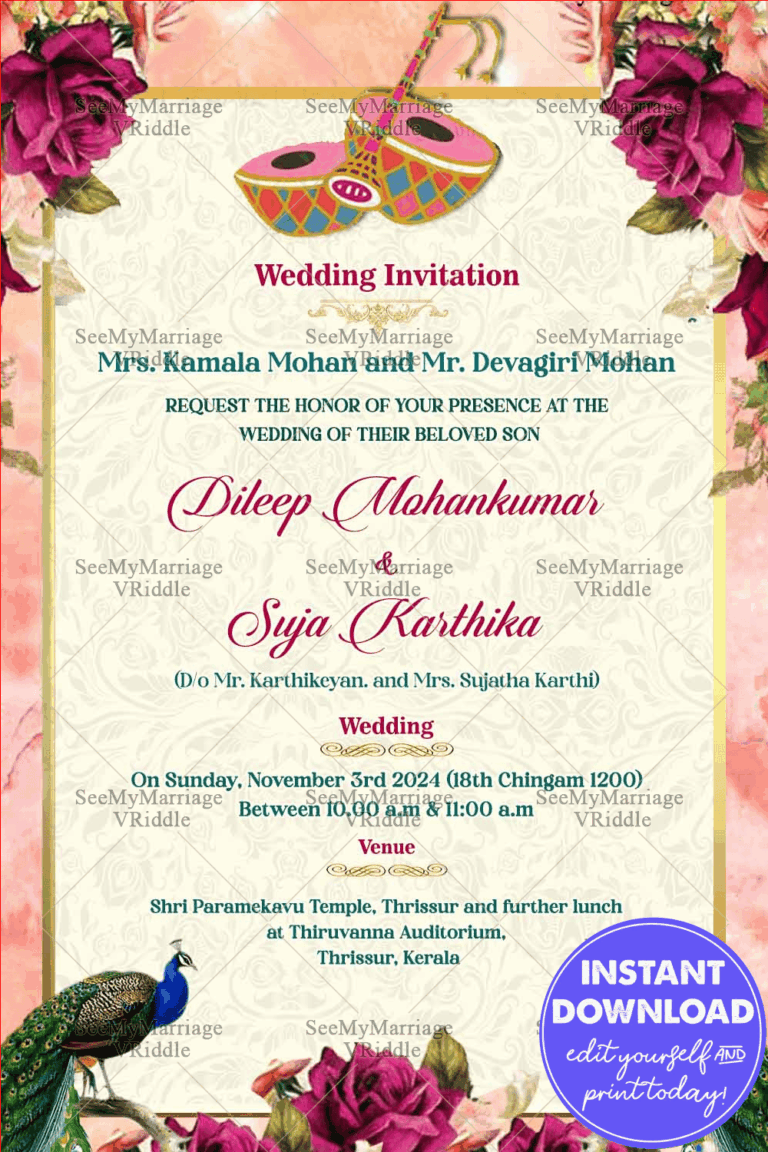 Floral Peacock Wedding Invitation Card with Cream and Pink Theme Background