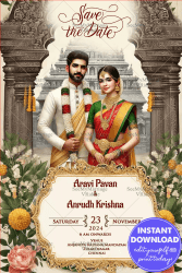 Floral Theme Tamil Wedding Invitation with Couple Illustration and Ornate Temple Background