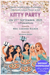 Fun Filled Kitty Party Invitation with Soft Pink Theme and Sparkling Stars Background