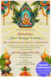 Ganesha Themed Hindu Housewarming Invitation with Traditional Elements and Colorful Flowers Background