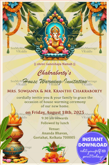 Ganesha Themed Hindu Housewarming Invitation with Traditional Elements ...