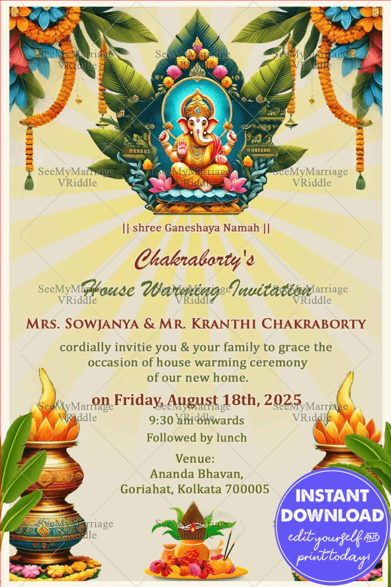 Ganesha Themed Hindu Housewarming Invitation with Traditional Elements ...