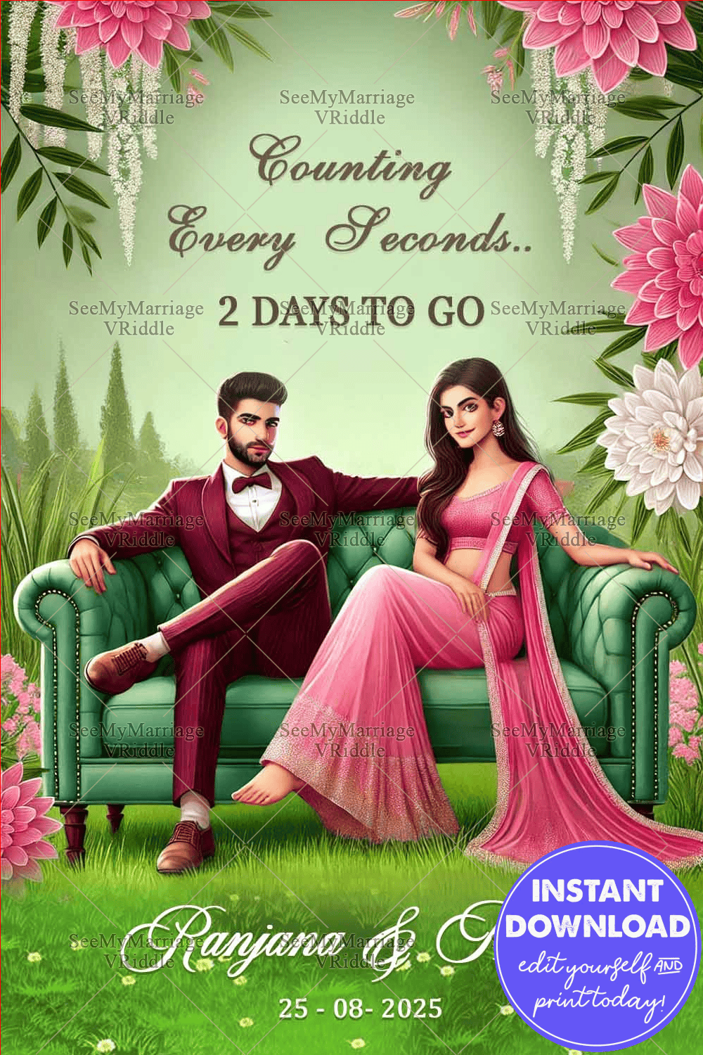 Garden Themed Wedding Countdown Invitation Crad with Couple ...