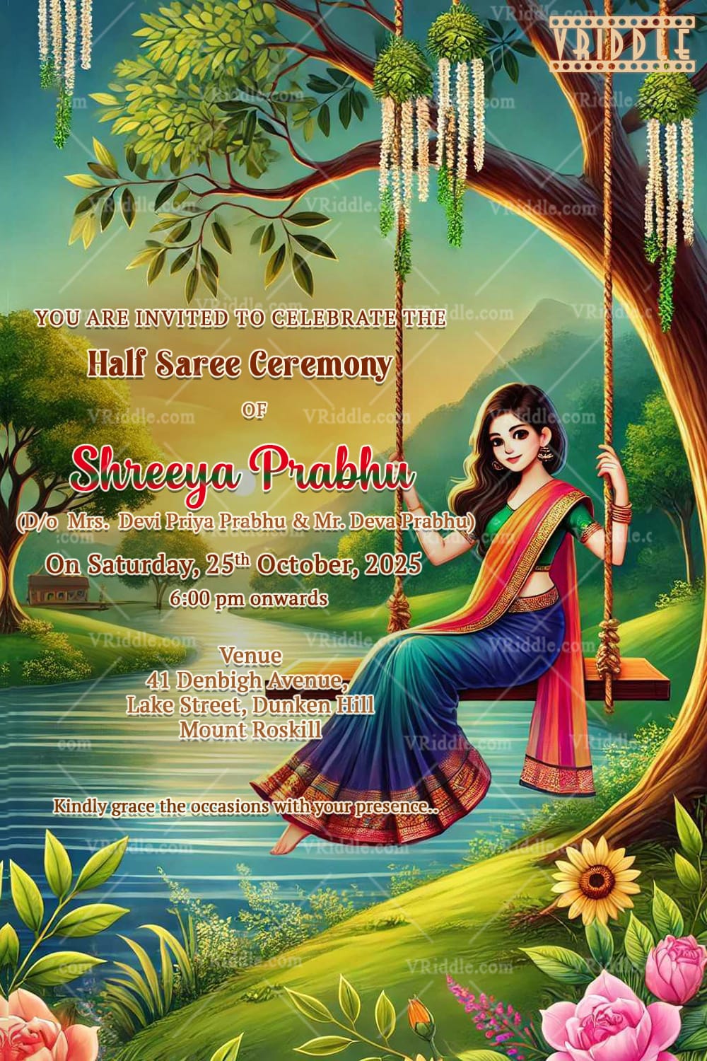 Girl On Swing Half Saree Ceremony Invitation with River Theme and Picturesque Background